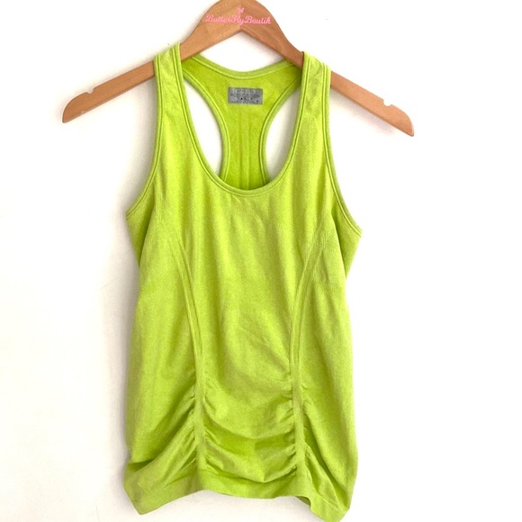 Athleta Fastest Track Heather Yellow Green Ruched Tank, Size Small - Picture 2 of 7